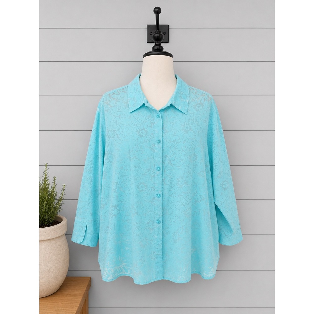 Susan Graver‎ Button Up Shirt Size 1X Aqua Blue Floral Sheer Burnout 3/4 Sleeve